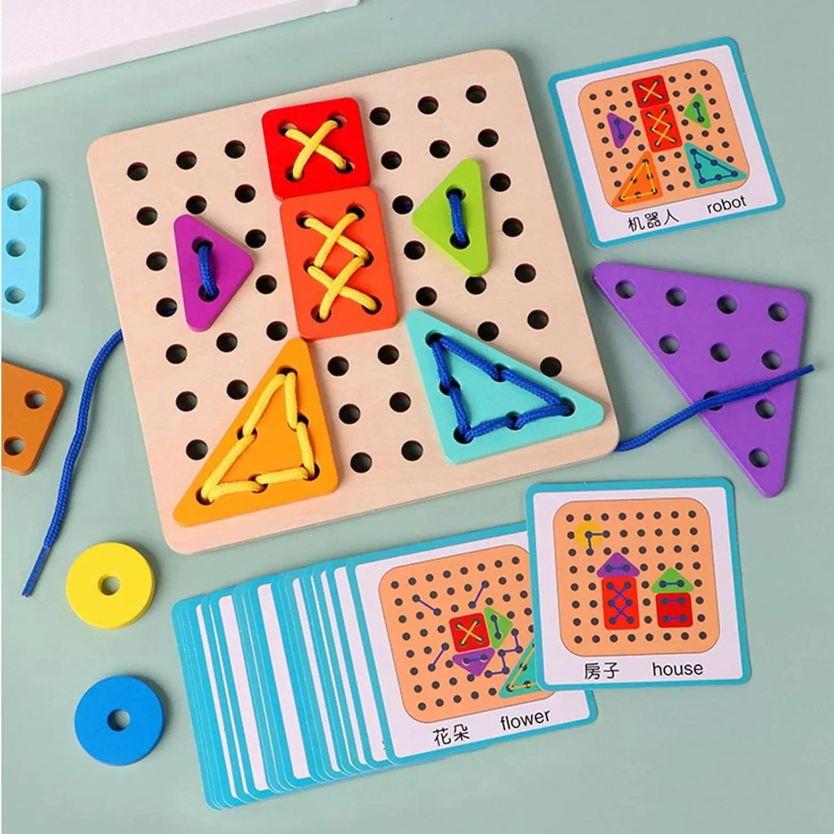 Shape matching puzzle with rope threading for children