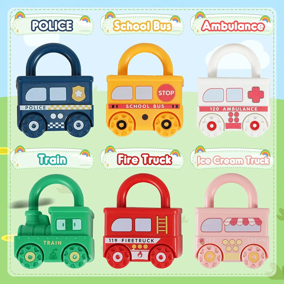 Six colorful car-shaped locks with matching keys – educational toy for kids