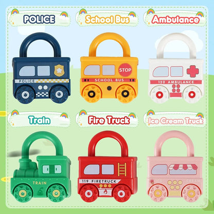 Six colorful car-shaped locks with matching keys – educational toy for kids