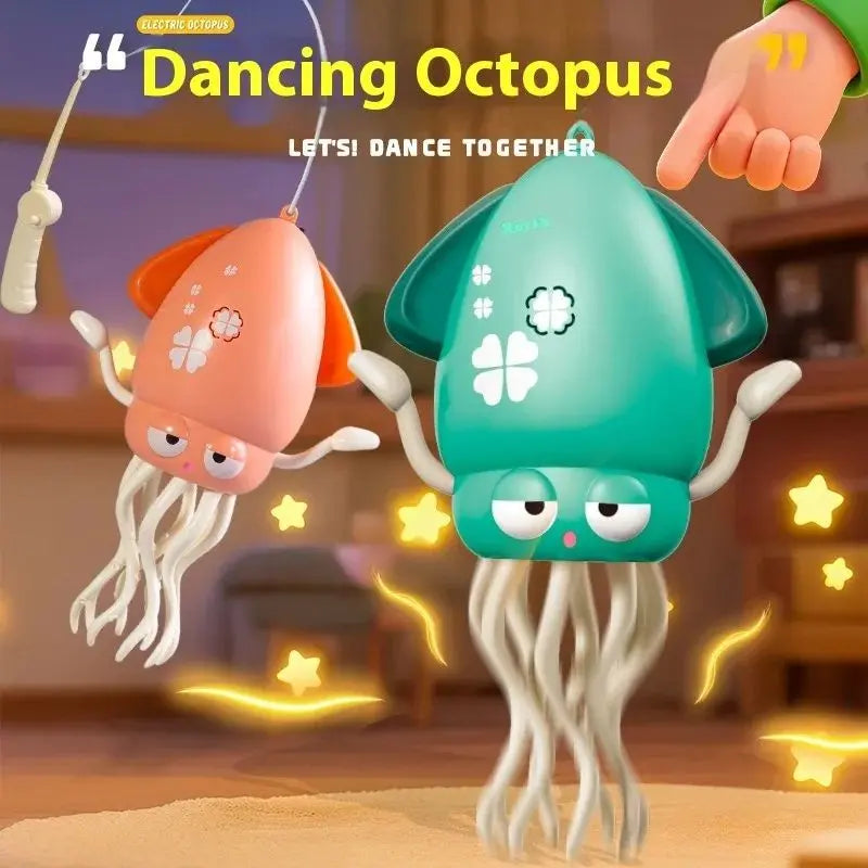 Two animated octopus toys, one pink and one green, with the text 'Dancing Octopus' and 'Let's Dance Together' on a blurred indoor background.