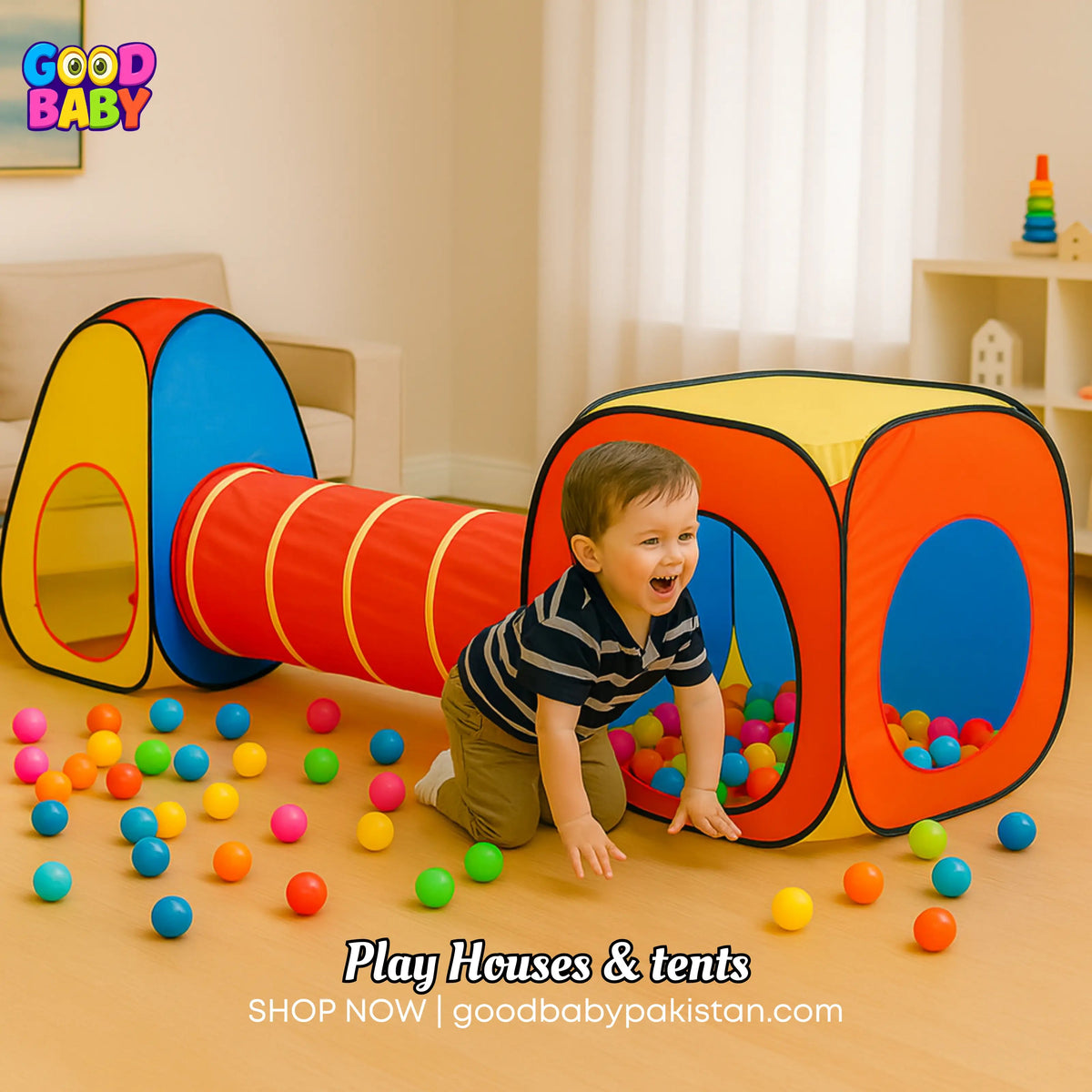 “Square and triangle play tent with tunnel for toddlers”