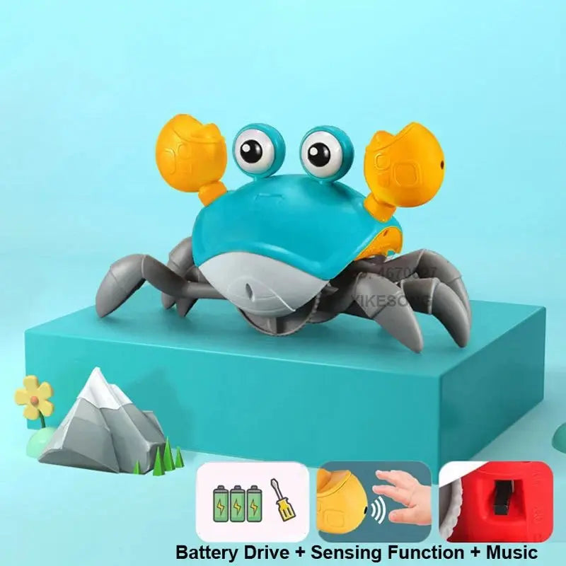 Toddler chasing motion-detecting musical crab