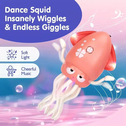 Toy squid with text 'Dance Squid Insanely Wiggles & Endless Giggles' on a colorful background