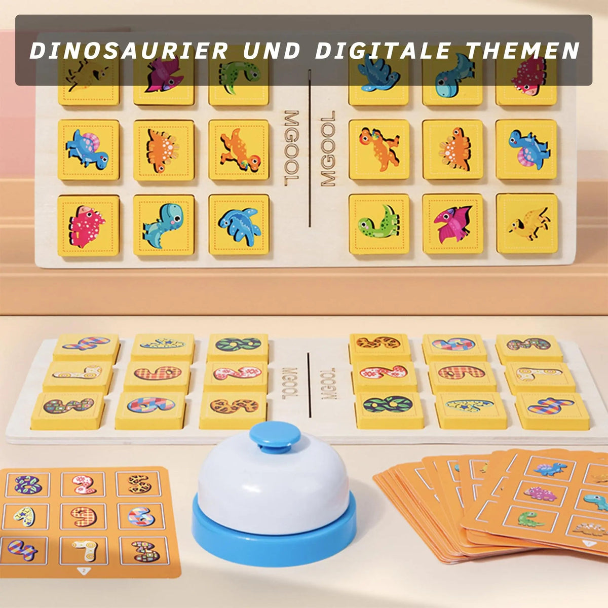 Wooden matching board with colorful shape blocks and bell