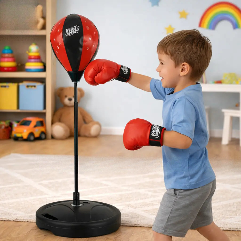 Kids boxing punching ball with gloves
