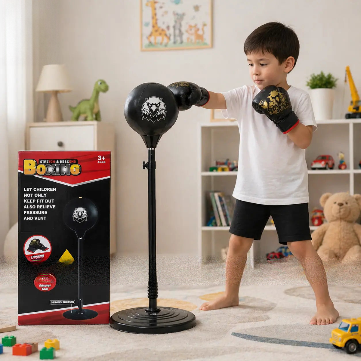 kids boxing set with adjustable punching bag and stand