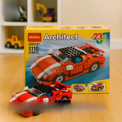 Close-up view of the red race car built from the Architect Creator 23-in-1 building blocks set at ToysWalaPK