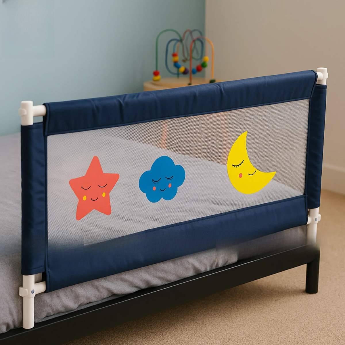 Adjustable baby bed fence with woven net