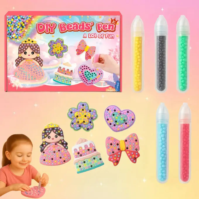 The image shows a box of DIY Beads Pen for Kids with contents including transparent tape stickers with cartoon patterns, bead pens in various colors, and completed bead art projects.
