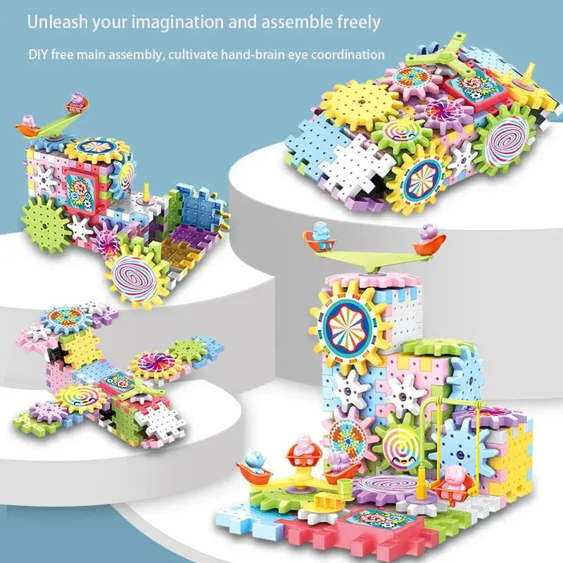 girl creating mechanical gear structure toy