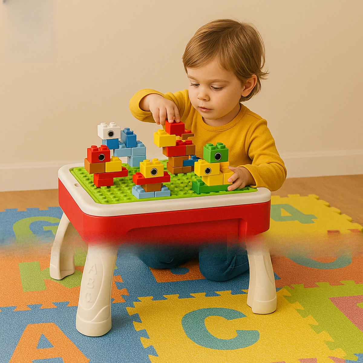 Kids learning toy with drawing board and blocks