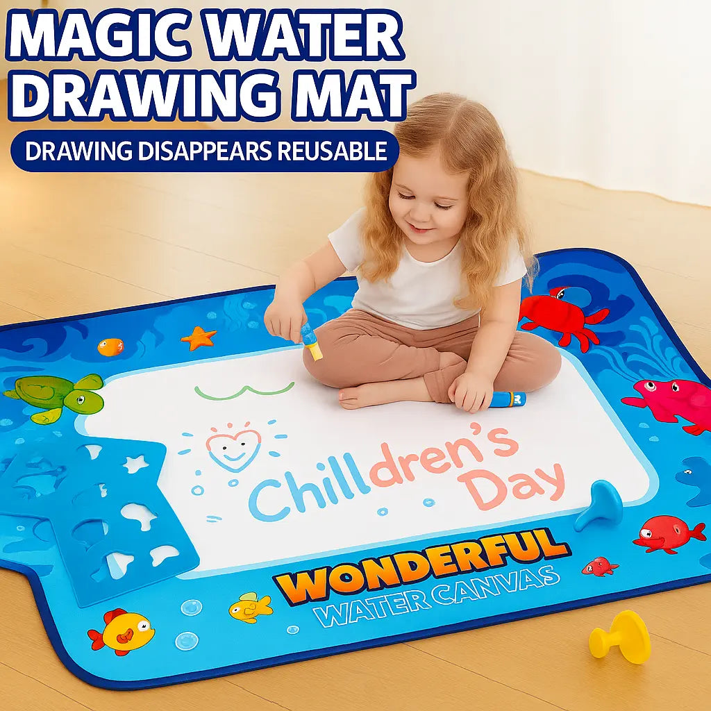 Child playing with a Magic Water Drawing Mat on a wooden floor.