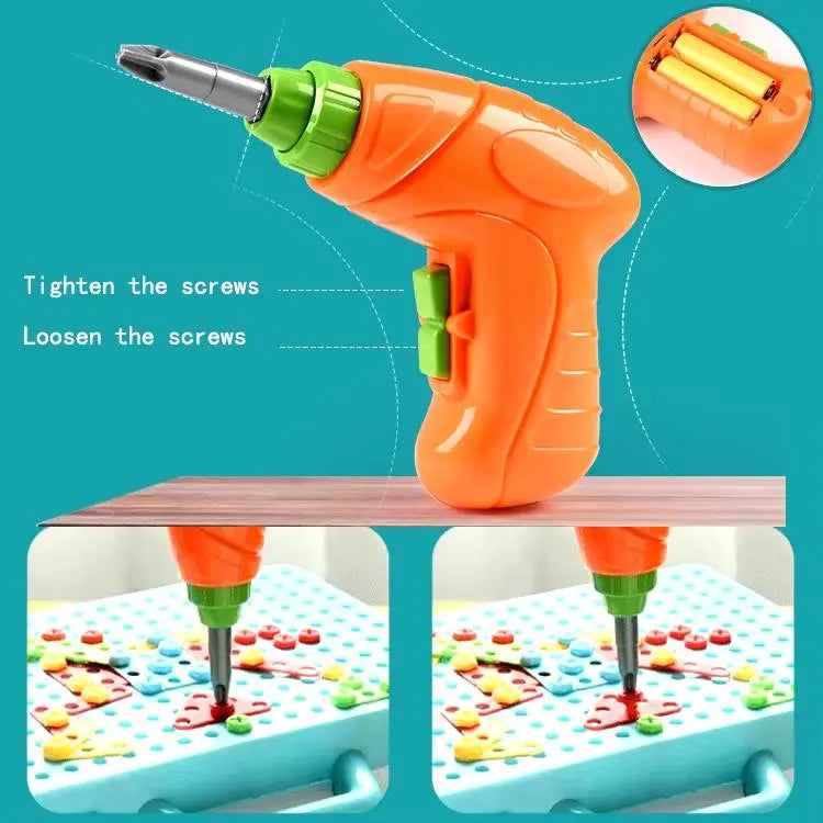 Children's toy drill with attachments on a blue background