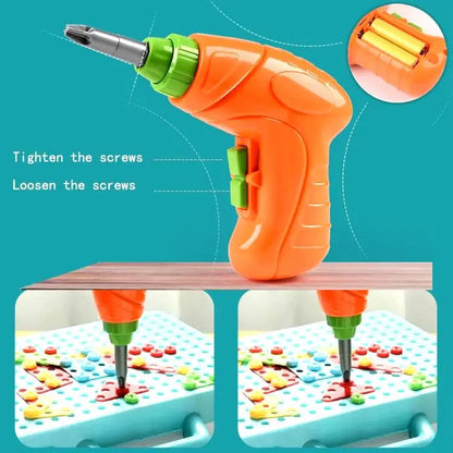 Children's toy drill with attachments on a blue background