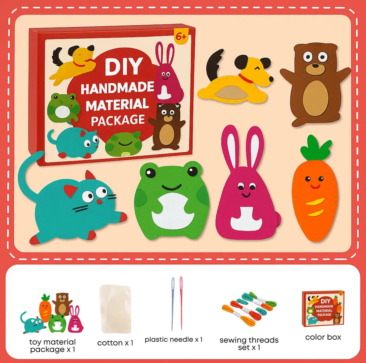 DIY handmade material package with animal-themed toys and sewing supplies on a beige background.