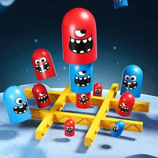 Colorful toy structure with red and blue cylindrical figures on a dark background