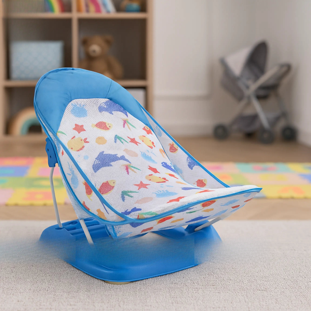 Comfort Baby Bather in blue & white mesh, foldable and adjustable — ToysWalaPK