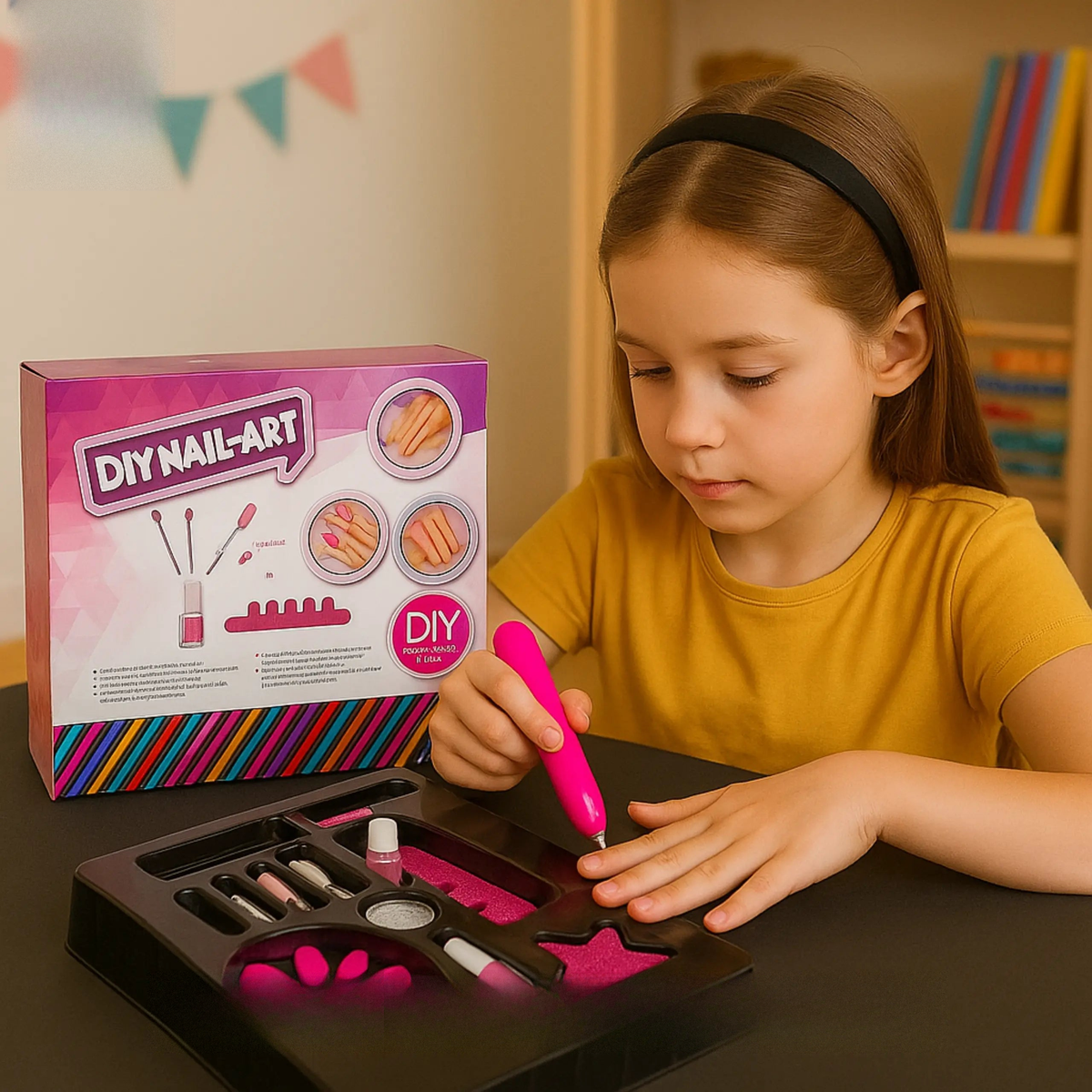 Child using a nail art kit with 'Good Baby' branding in the background