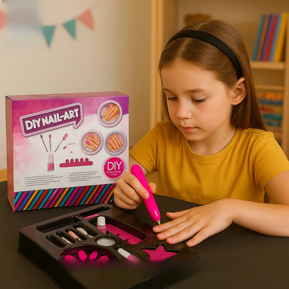 Child using a nail art kit with 'Good Baby' branding in the background