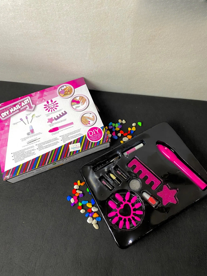 A nail art kit with various colorful polish bottles, decorative accessories, and tools displayed on a table.