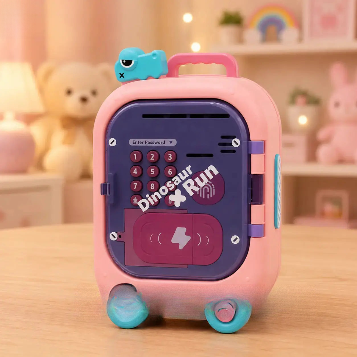 Pink toy safe with keypad and 'Dinosaur Run' branding on a wooden surface.