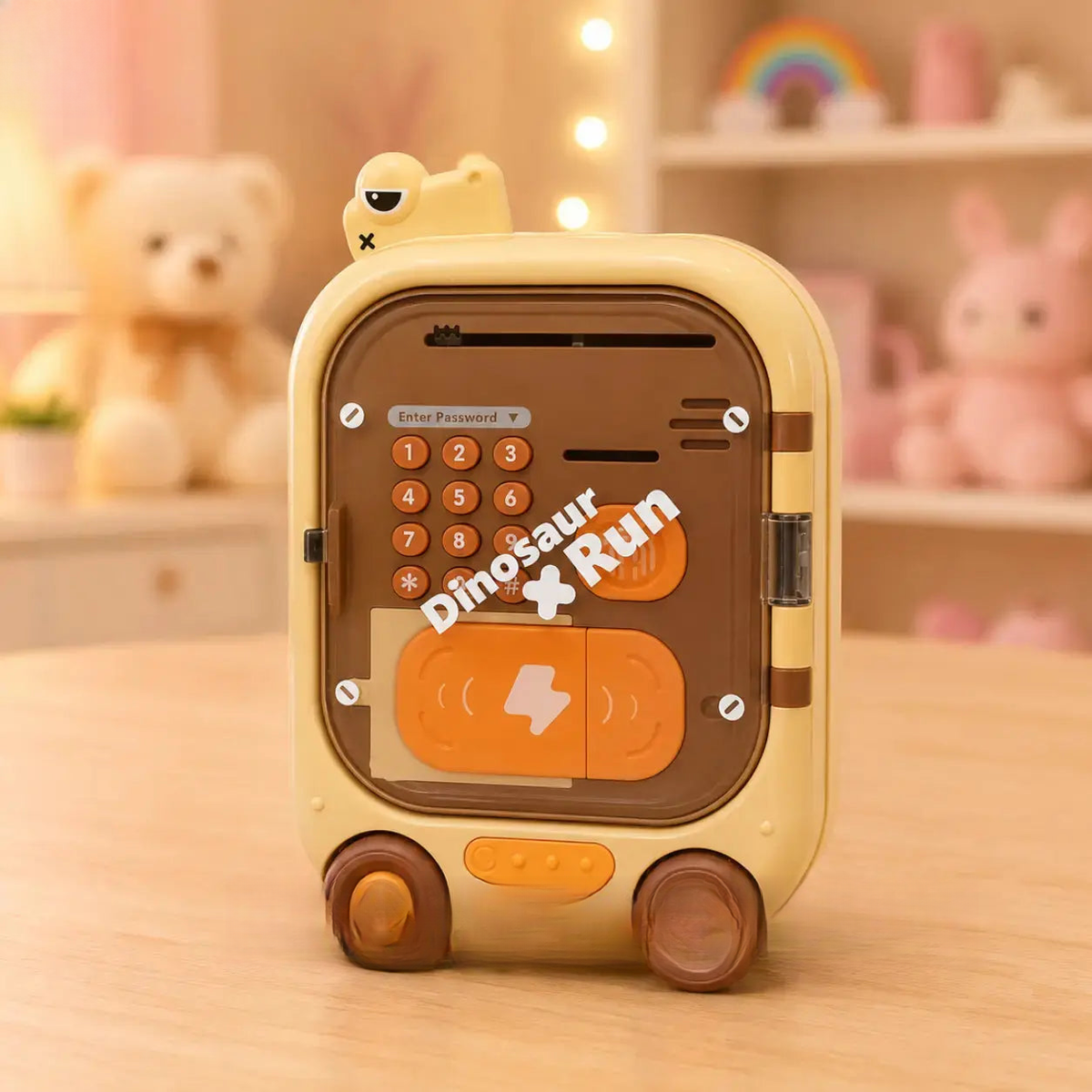 Toy cash register with 'Dinosaur Run' branding on a wooden surface, surrounded by teddy bears and toys.