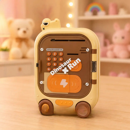 Toy cash register with 'Dinosaur Run' branding on a wooden surface, surrounded by teddy bears and toys.