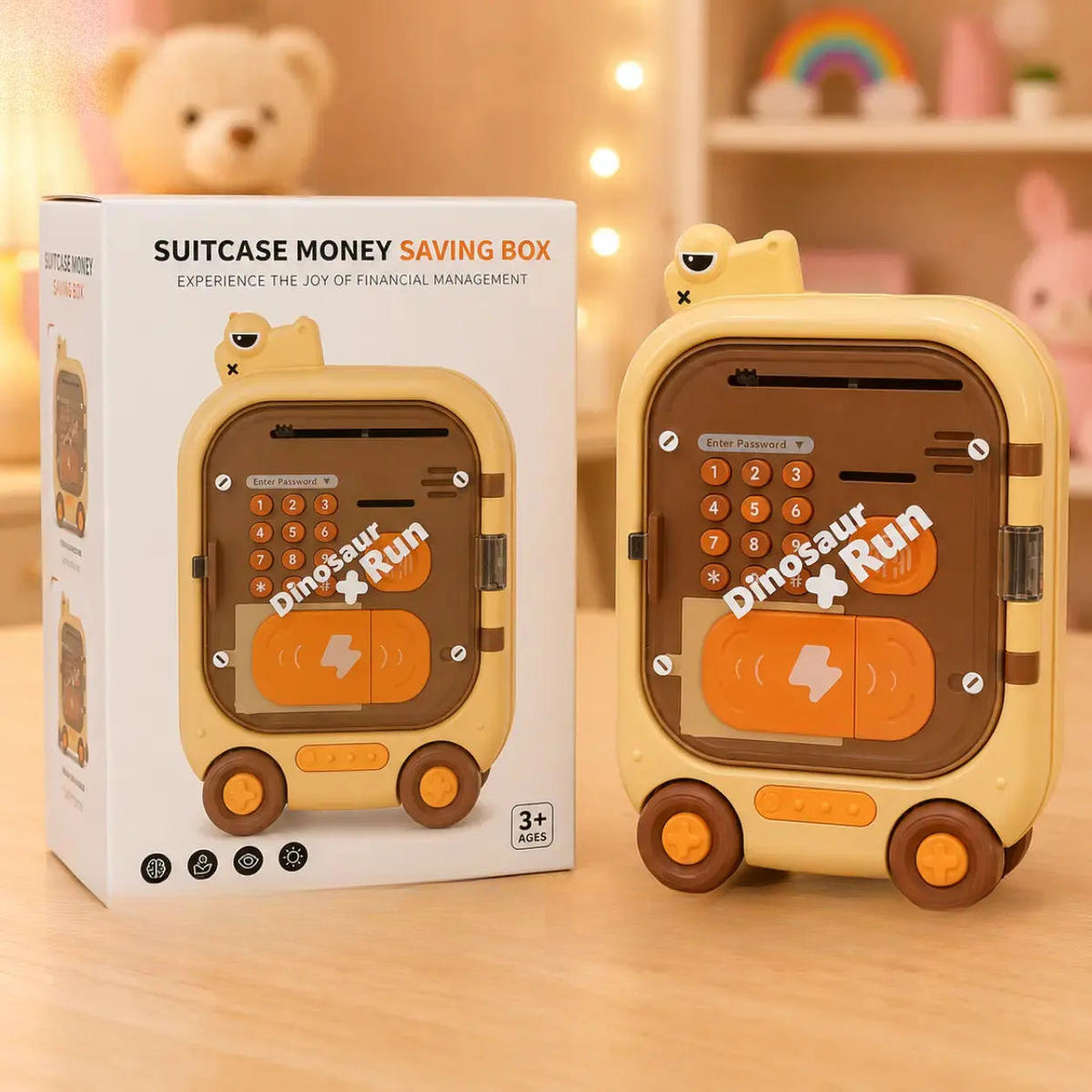 Dinosaur-shaped money saving box with packaging and 'Good Baby' branding.