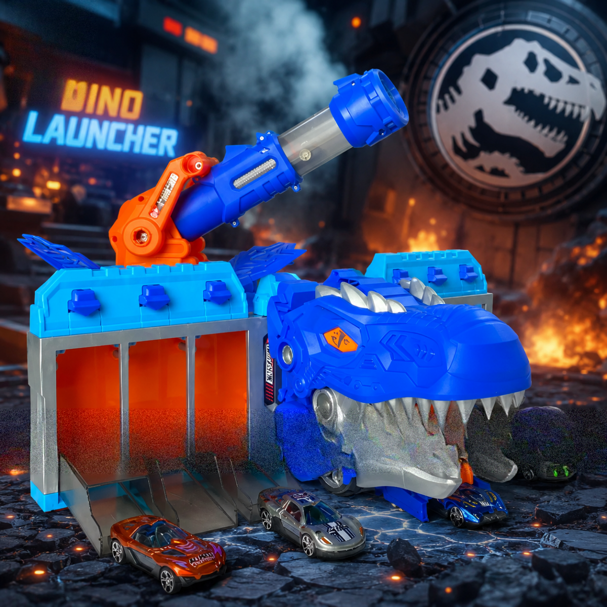 Kids dinosaur car launcher toy with racing cars and garage playset