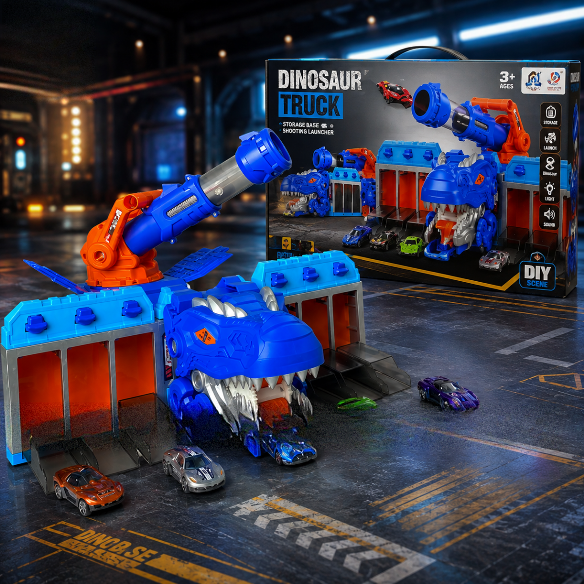 Blue dinosaur head car launcher playset for kids with mini racing cars