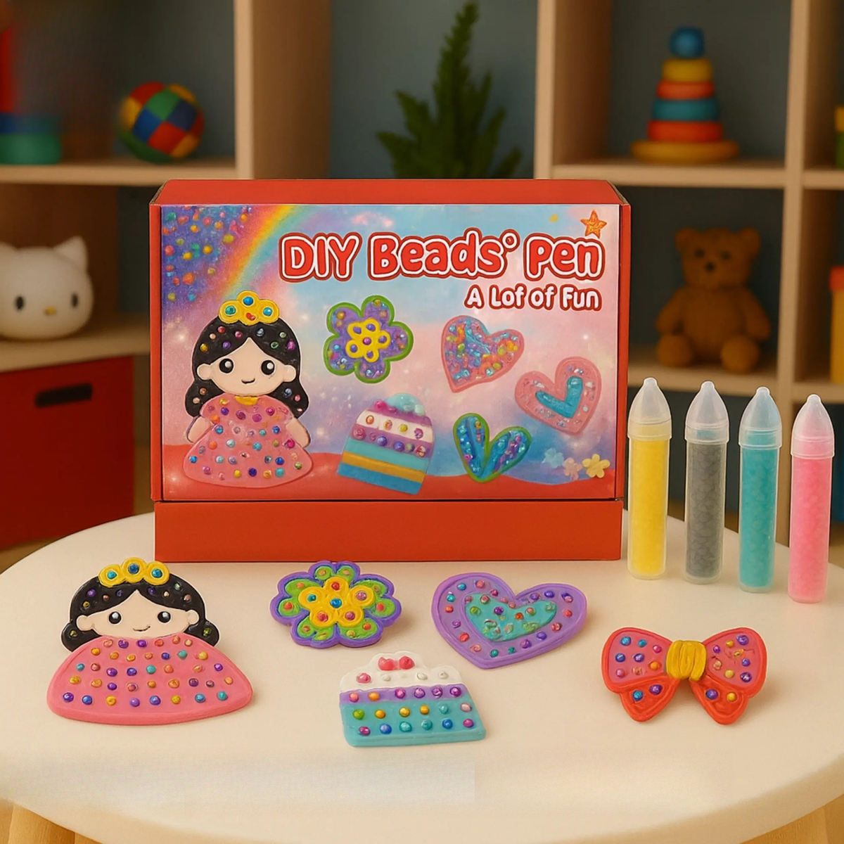DIY Beads Pen set with colorful beads and packaging on a table.