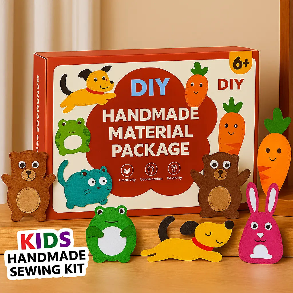 Children's DIY handmade sewing kit with colorful animal figures and packaging on a wooden surface.