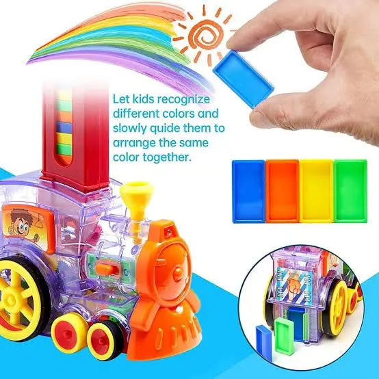 "Interactive domino train set for toddlers and kids, featuring a cartridge and 60 colorful domino pieces."