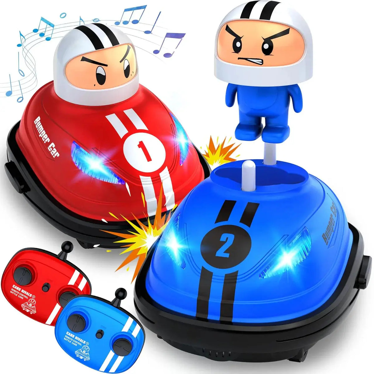 Two toy figures with helmets, one red and one blue, on a white background.