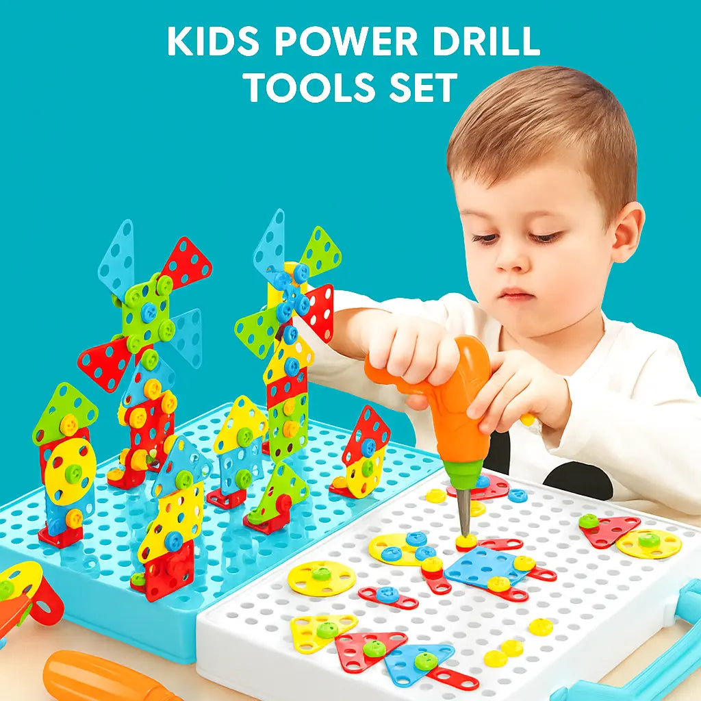 Child playing with a kids power drill tools set on a blue background
