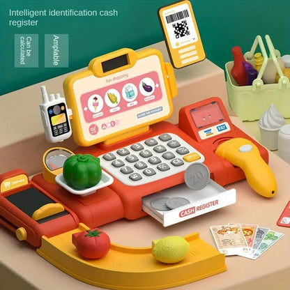 Toy cash register with digital screen and various accessories on a table.
