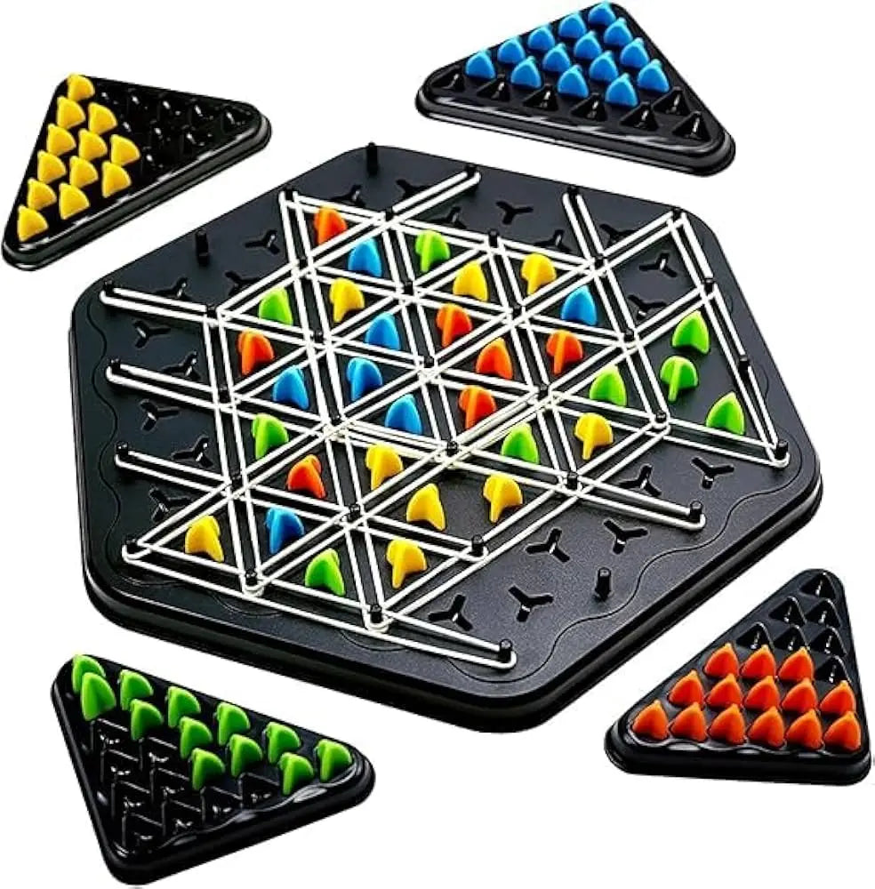 Colorful geometric puzzle with triangular pegs on a black base