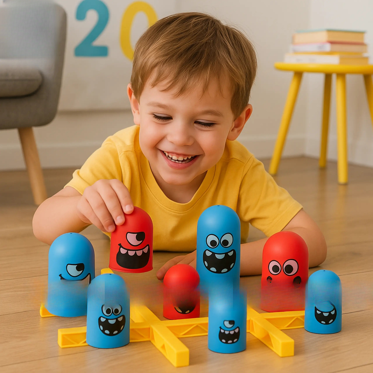 Child playing with colorful toy blocks on a wooden floor