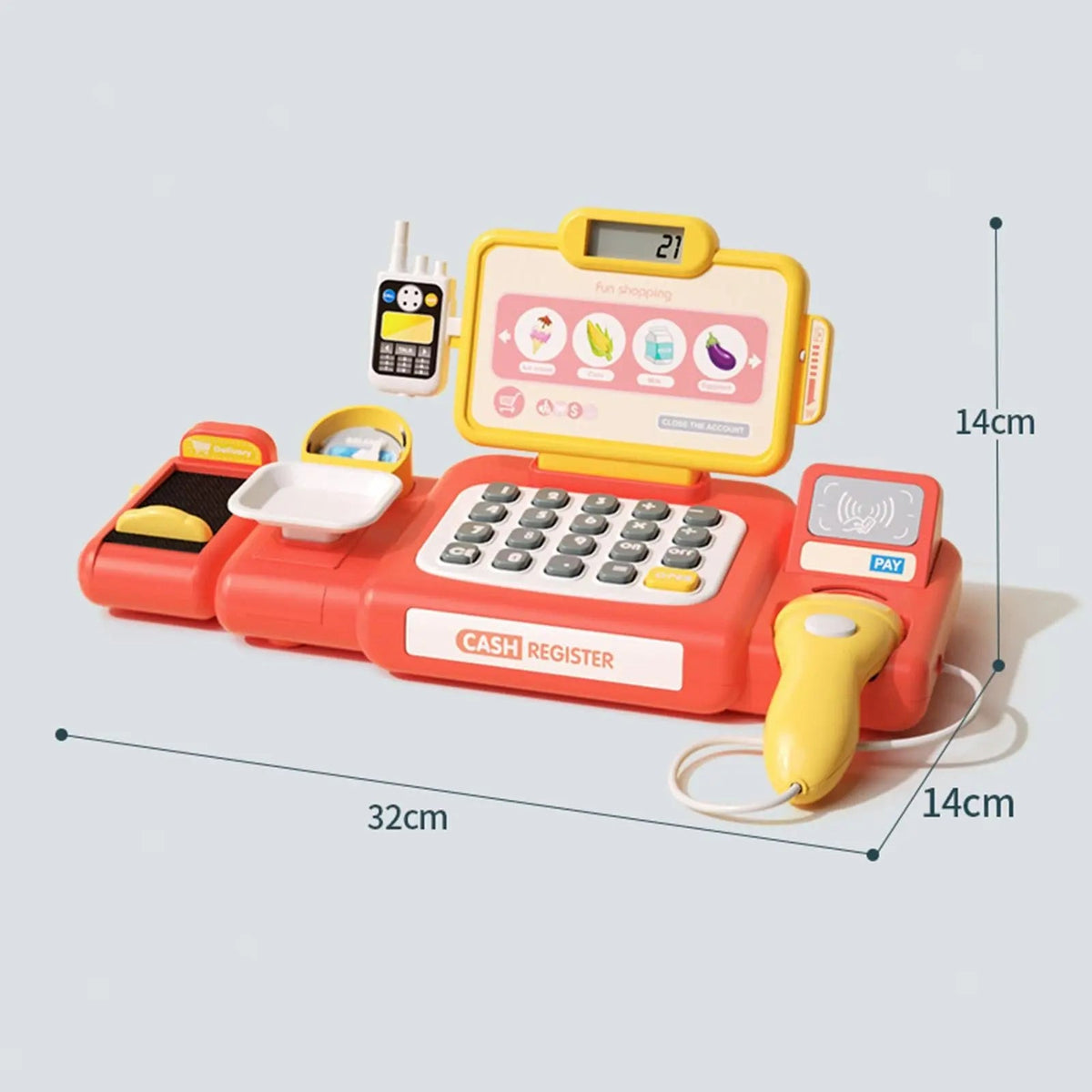 Toy cash register with measurement details on a light gray background