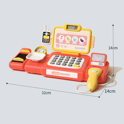 Toy cash register with measurement details on a light gray background