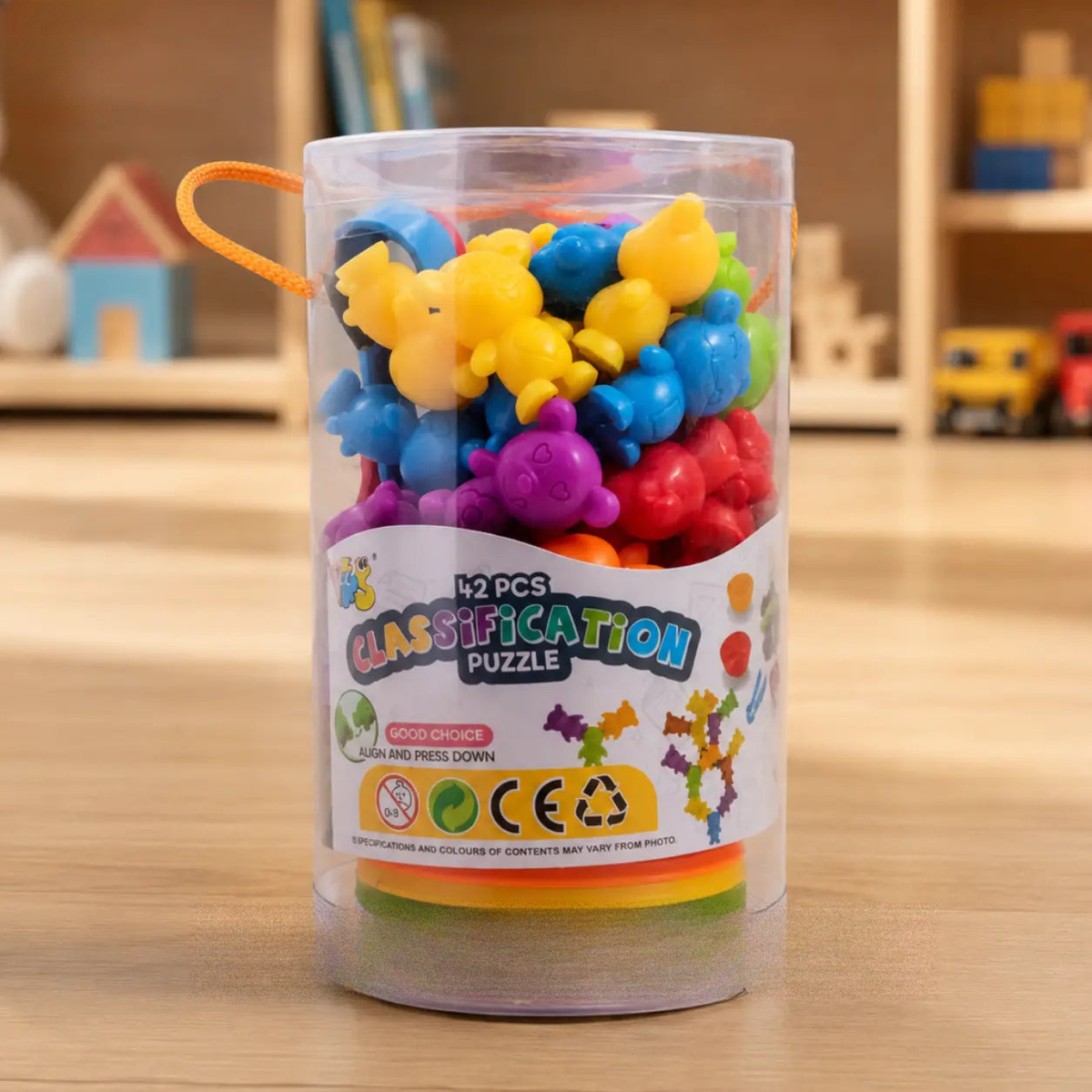 Kids classification puzzle in clear storage tub