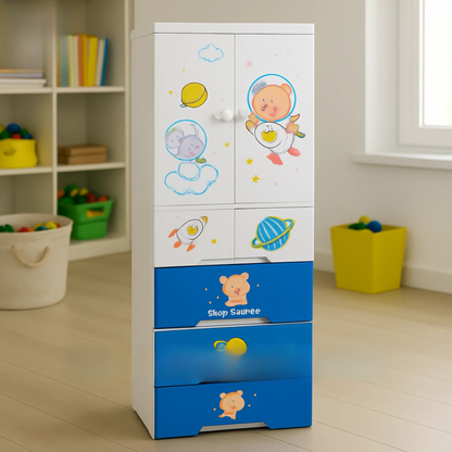 Kids blue space-themed plastic storage cabinet with drawers and cupboard – ToysWalaPK