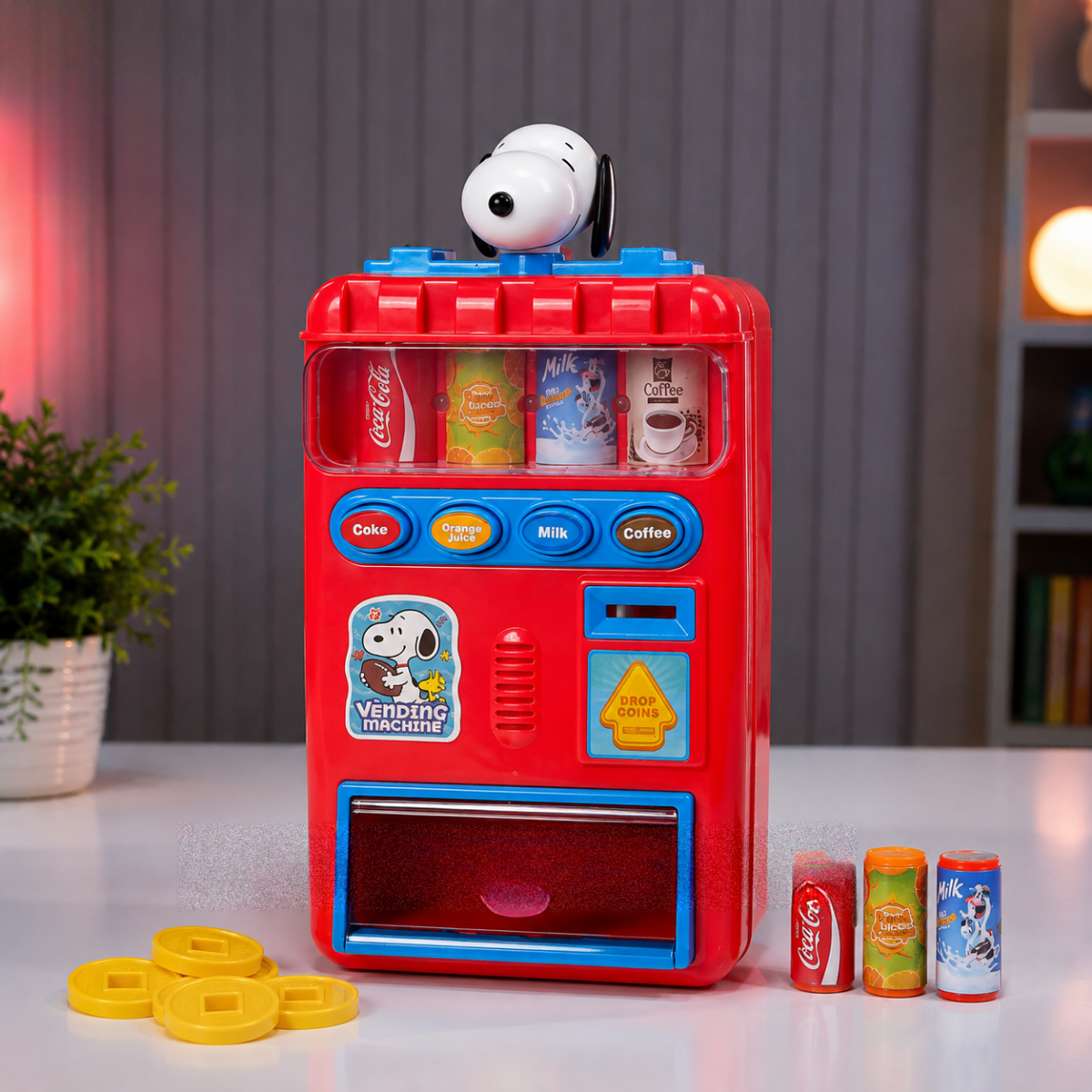 Kids vending machine toy with mini drink cans and coins