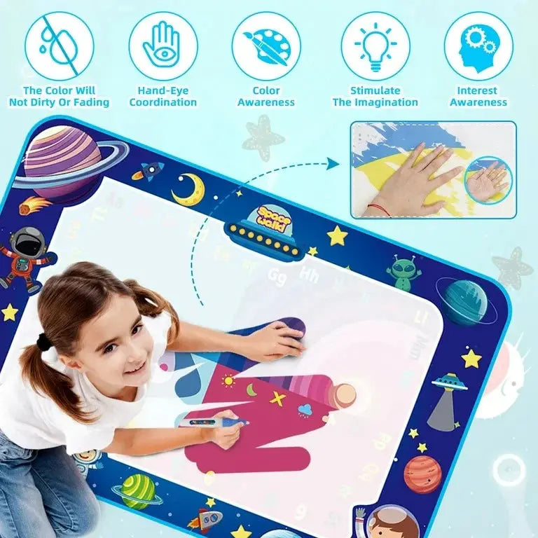 Child drawing on a space-themed water drawing mat with various benefits displayed.