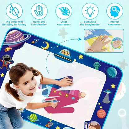 Child drawing on a space-themed water drawing mat with various benefits displayed.