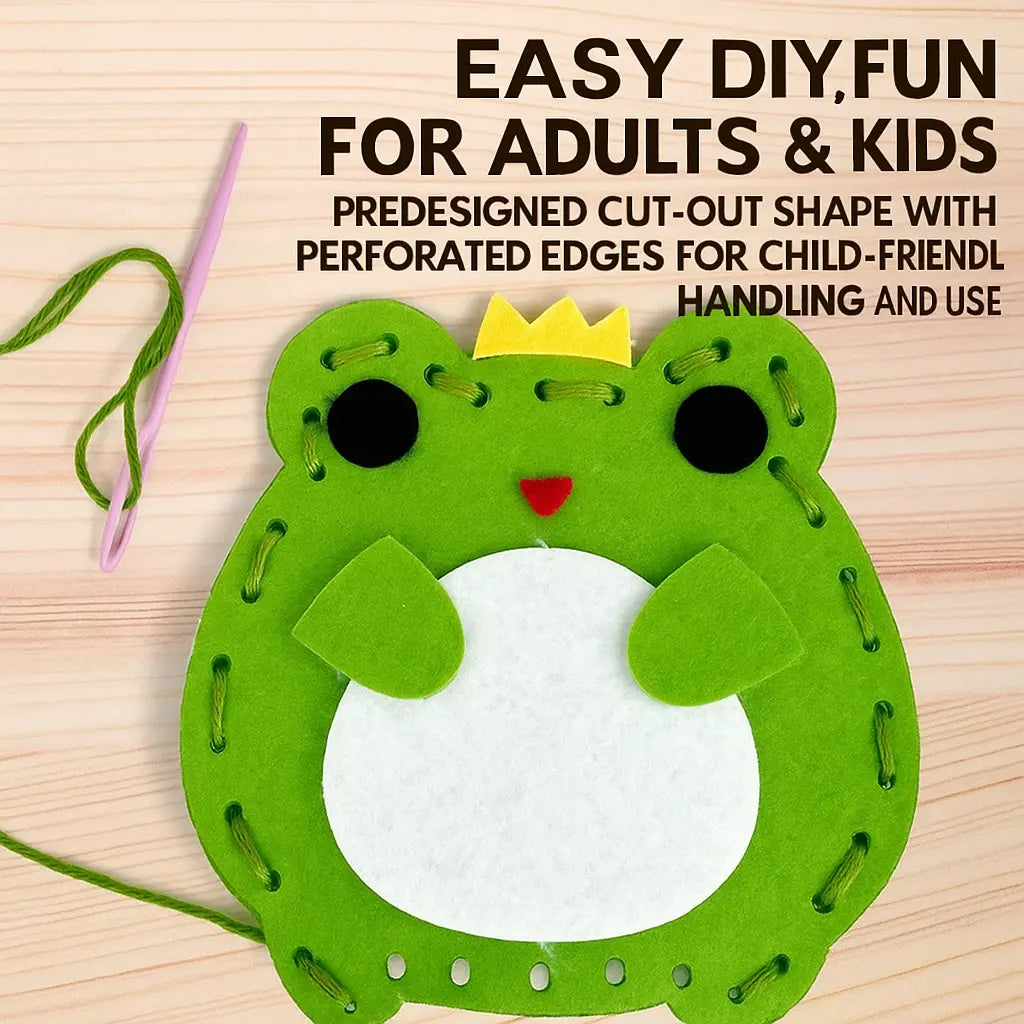 Green frog-shaped cut-out with perforated edges on a wooden surface, accompanied by text about its use for adults and kids.