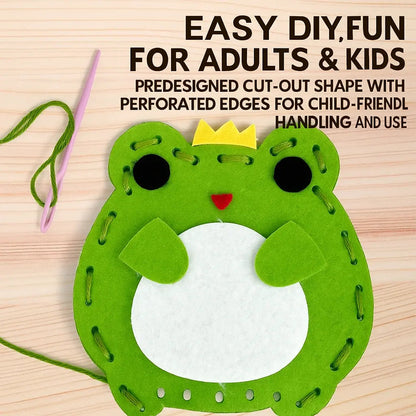 Green frog-shaped cut-out with perforated edges on a wooden surface, accompanied by text about its use for adults and kids.