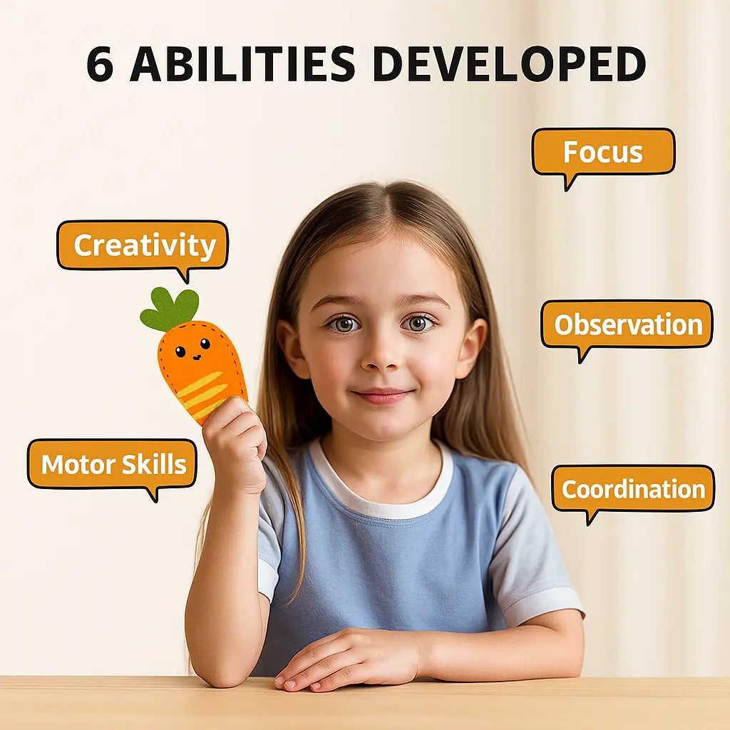 Child holding a carrot-shaped toy with educational benefits listed around them on a beige background