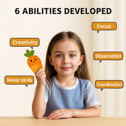 Child holding a carrot-shaped toy with educational benefits listed around them on a beige background