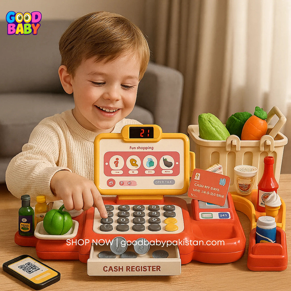 Child playing with a toy cash register and groceries in a living room setting.